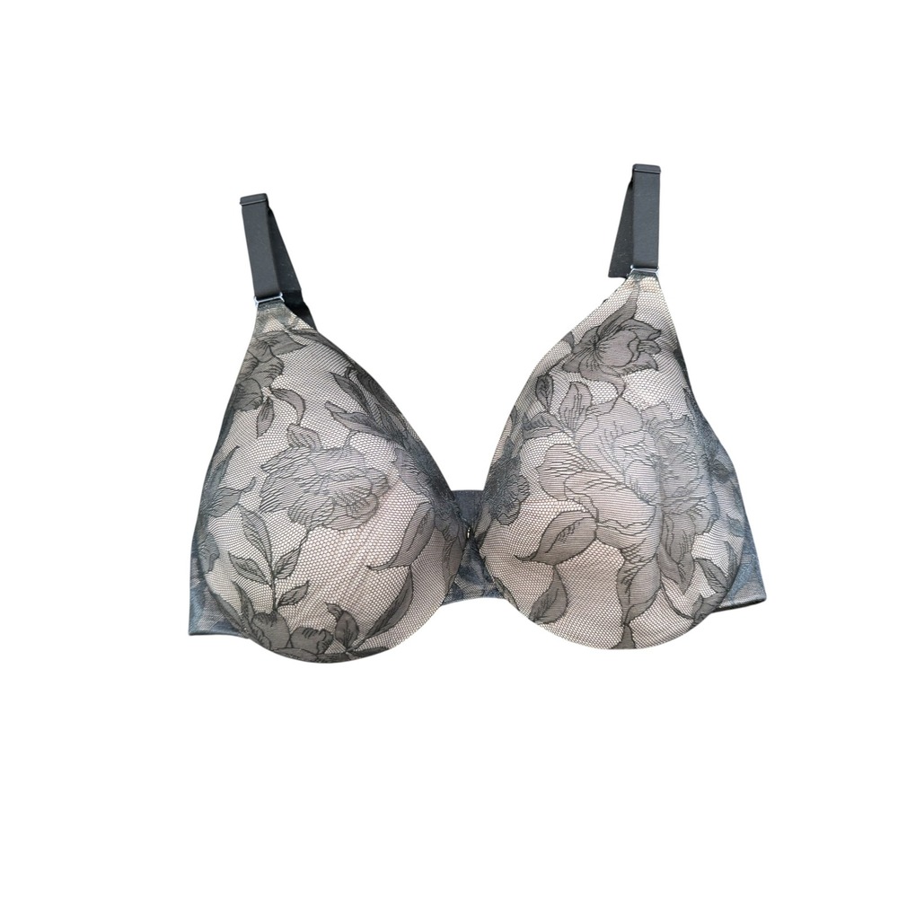Cacique Bra Women 42DDD Black Beige Nude GUC Full Coverage Floral Lace 1112964